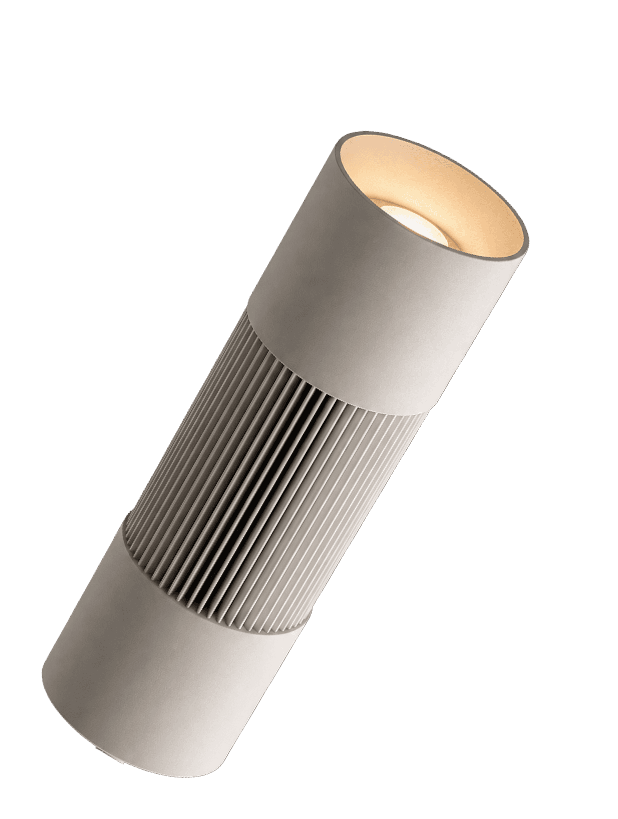 Ryuga lamp tilted, glowing softly from its open top