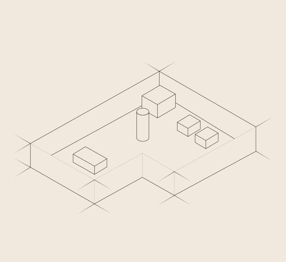 Isometric line drawing of a room being calibrated
